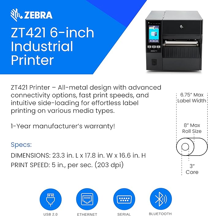 Zebra ZT421 Thermal Industrial Printer 6" | 203 DPI | No Ink Required | USB, Serial, Ethernet, Bluetooth 4.1, MFi | Touch Color LCD | Thermal Transfer | ZT42162-T010000Z