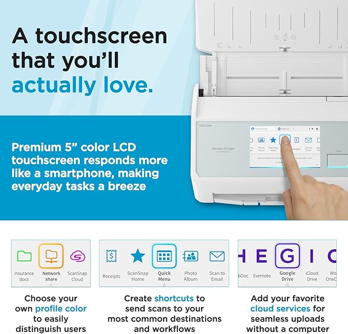 ScanSnap iX2500 Wireless or USB High-Speed Cloud Enabled Document, Photo & Receipt Scanner with Large 5" Touchscreen and 100 Page Auto Document Feeder for Mac or PC, White