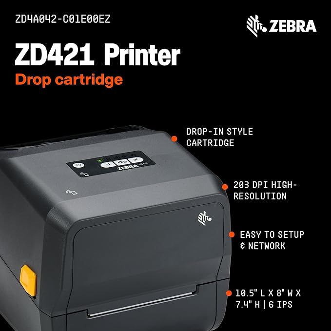 Zebra ZD421 Thermal Shipping Label Printer 4" | 203 DPI | No Ink Required | 4x6 | USB, Ethernet | 2 Year Warranty | Thermal Transfer | Drop Cartridge