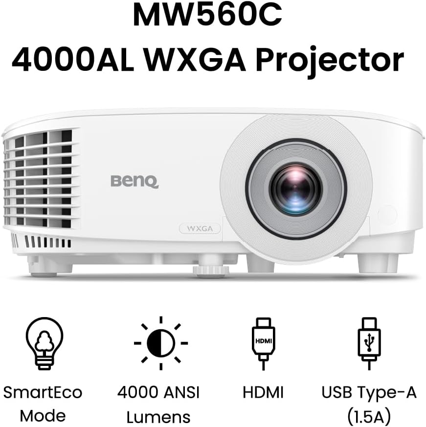 BenQ WXGA Business Projector (MW560C) - DLP - 4,000 Lumens High Brightness - 20,000:1 High Contrast Ratio