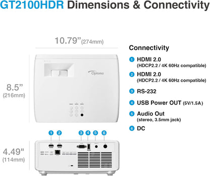 Optoma GT2100HDR Compact Short Throw Laser Home Theater and Gaming Projector, 1080p HD with 4K HDR Input