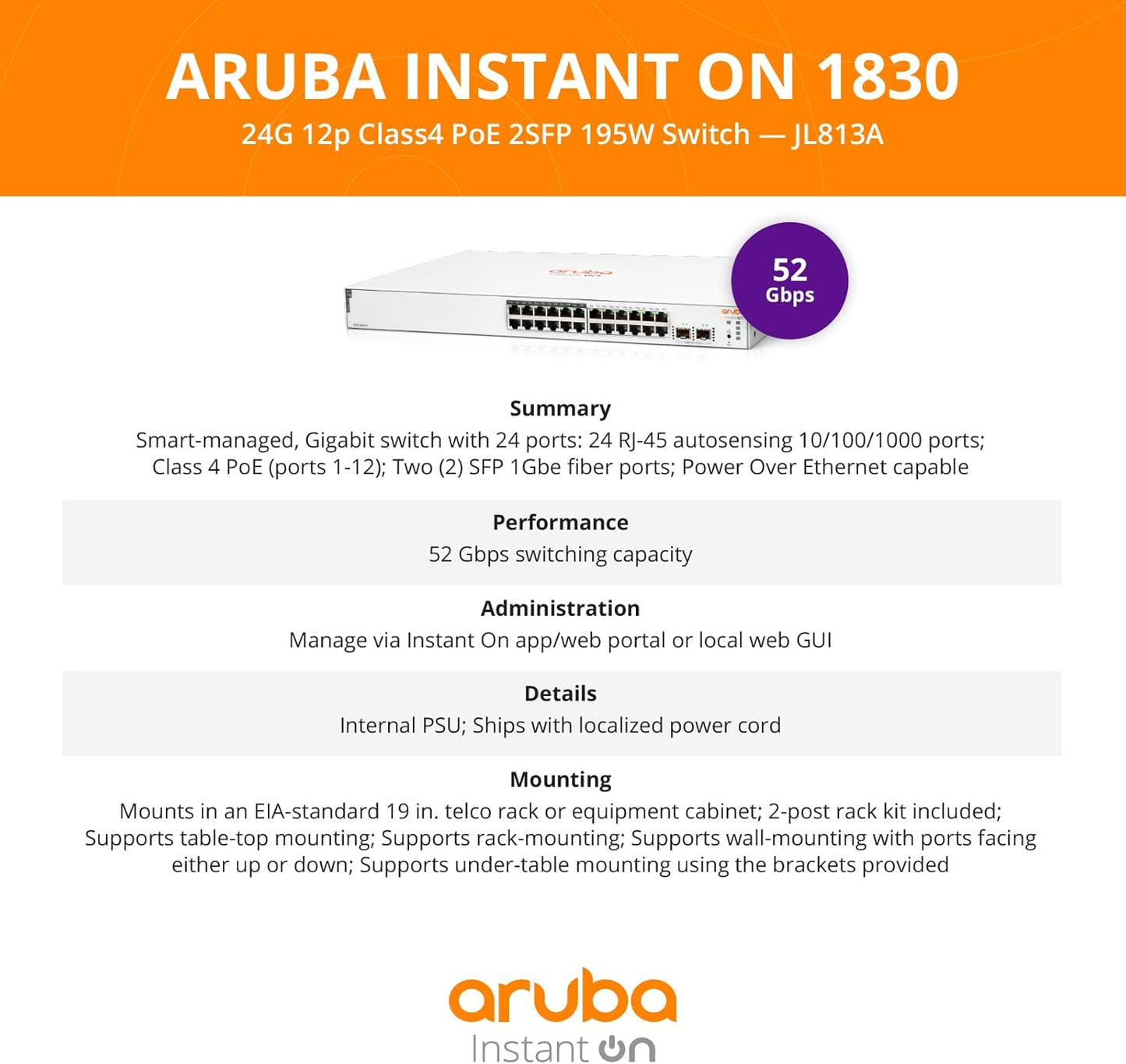 Aruba Instant On 1830 24-Port Gb | 12-Port Class 4 PoE Smart Switch (195W) - 24x 1G | 2X SFP | US Cord (JL813A#ABA)