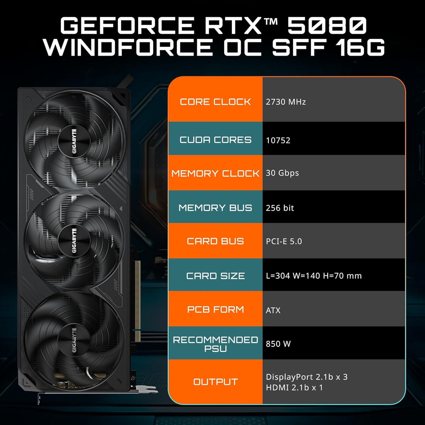 GIGABYTE GeForce RTX 5080 WINDFORCE OC SFF 16G Graphics Card, WINDFORCE Cooling System, 16GB 256-bit GDDR7, GV-N5080WF3OC-16GD Video Card comatible with Desktop