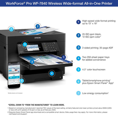 Epson Workforce Pro WF-7840 Wireless All-in-One Wide-Format Printer with Auto 2-Sided Print up to 13" x 19", Copy, Scan and Fax