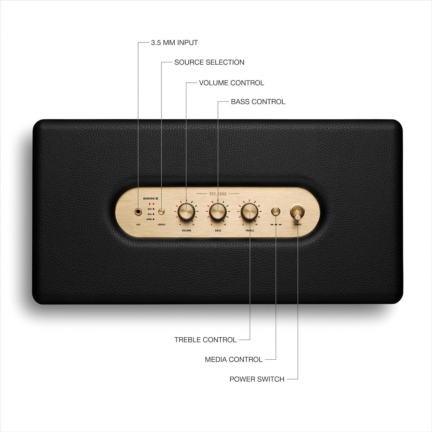 Marshall Woburn III Bluetooth Home Speaker - Loud Stereo Sound with Bass and Treble Controls | Plug-in Powered | Record Player Compatible | HDMI, RCA, 3.5mm Aux Inputs - Black