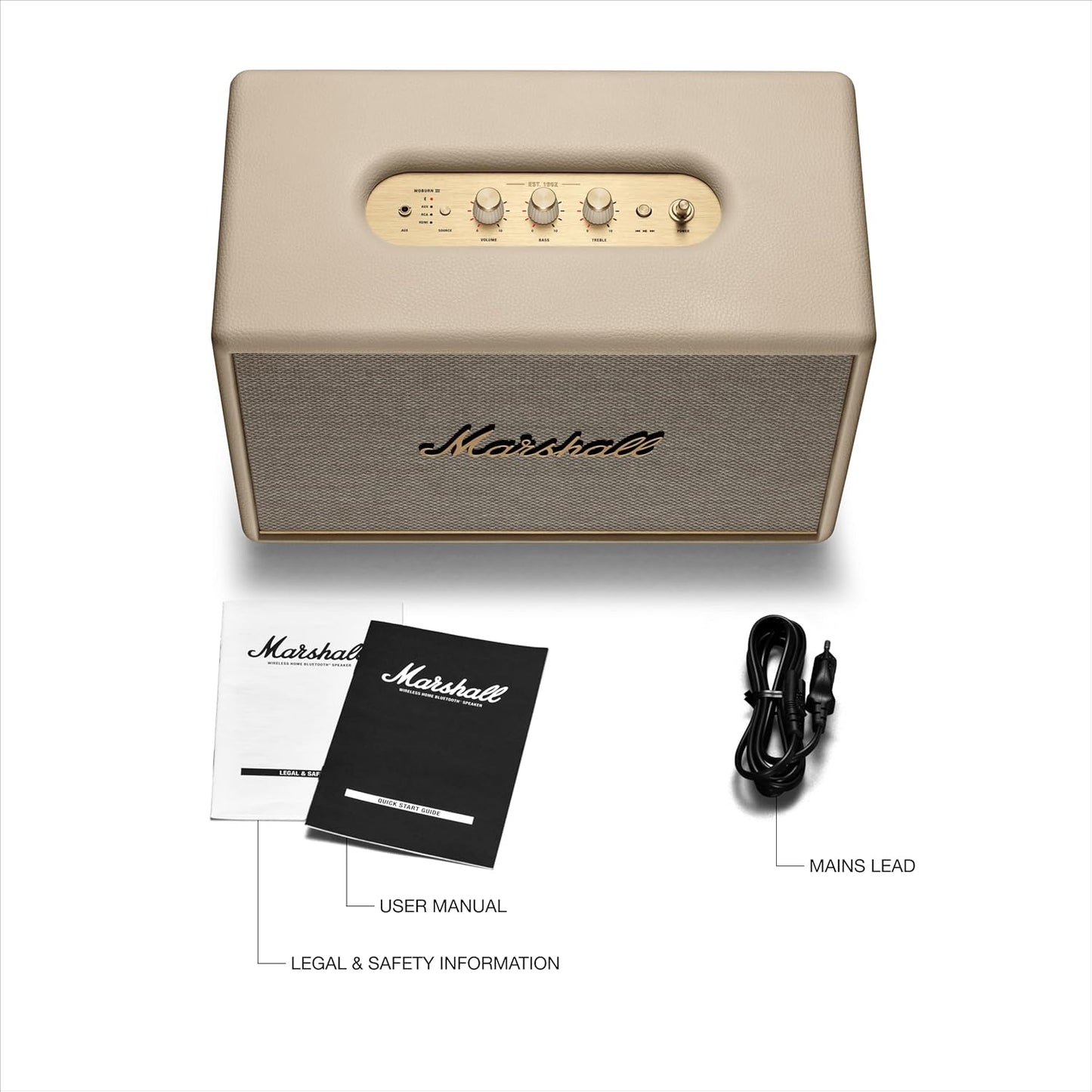Marshall Woburn III Bluetooth Home Speaker - Loud Stereo Sound with Bass and Treble Controls | Plug-in Powered | Record Player Compatible | HDMI, RCA, 3.5mm Aux Inputs - Cream