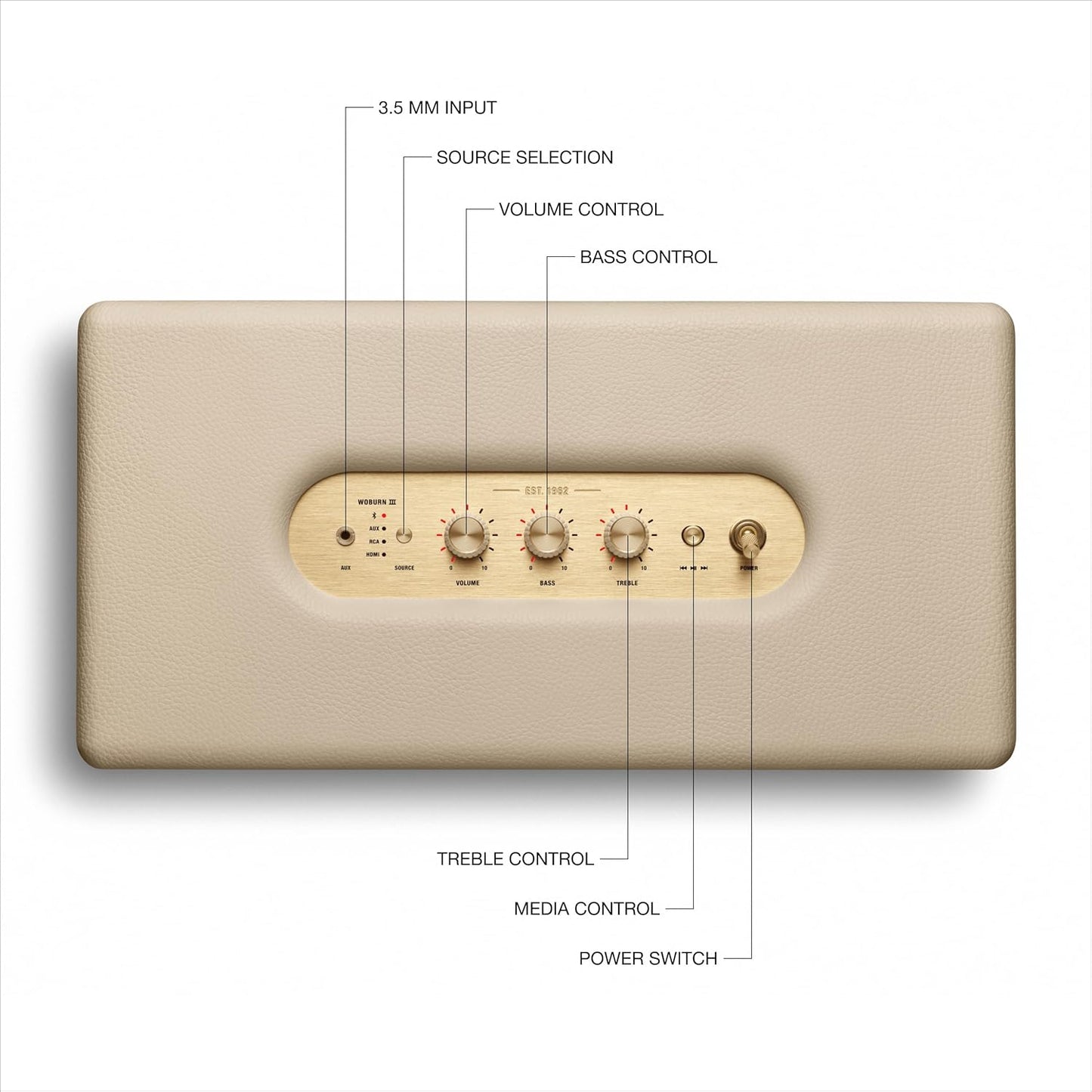 Marshall Woburn III Bluetooth Home Speaker - Loud Stereo Sound with Bass and Treble Controls | Plug-in Powered | Record Player Compatible | HDMI, RCA, 3.5mm Aux Inputs - Cream