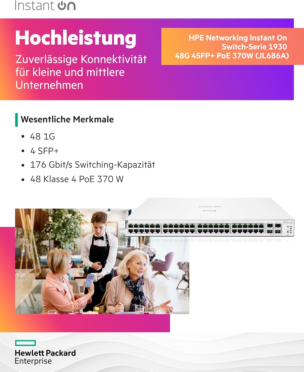 Aruba Instant On 1930 52P Gb Ethernet 48xGE PoE (370W), 4X 1G/10G SFP+, L2+ Smart Switch EU Europe Cord (JL686A#ABB)