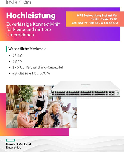 Aruba Instant On 1930 52P Gb Ethernet 48xGE PoE (370W), 4X 1G/10G SFP+, L2+ Smart Switch EU Europe Cord (JL686A#ABB)