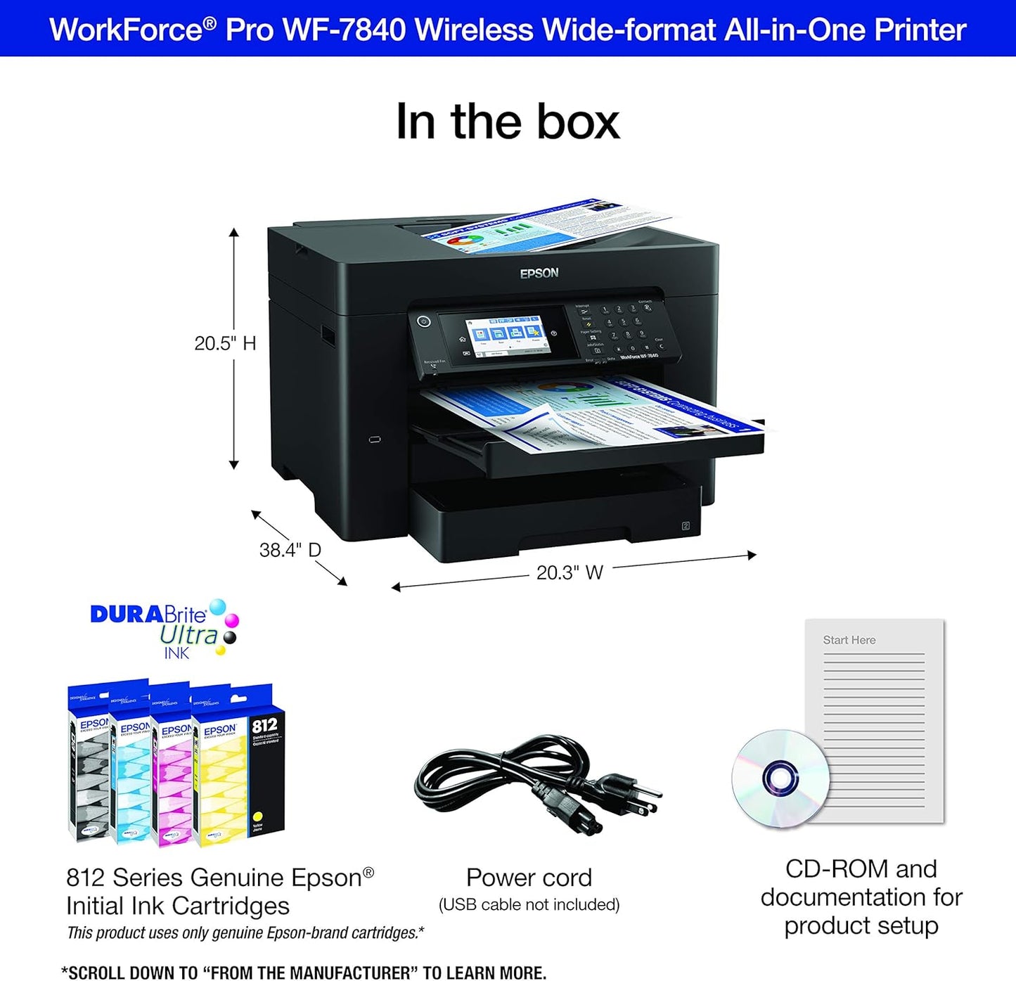 Epson Workforce Pro WF-7840 Wireless All-in-One Wide-Format Printer with Auto 2-Sided Print up to 13" x 19", Copy, Scan and Fax