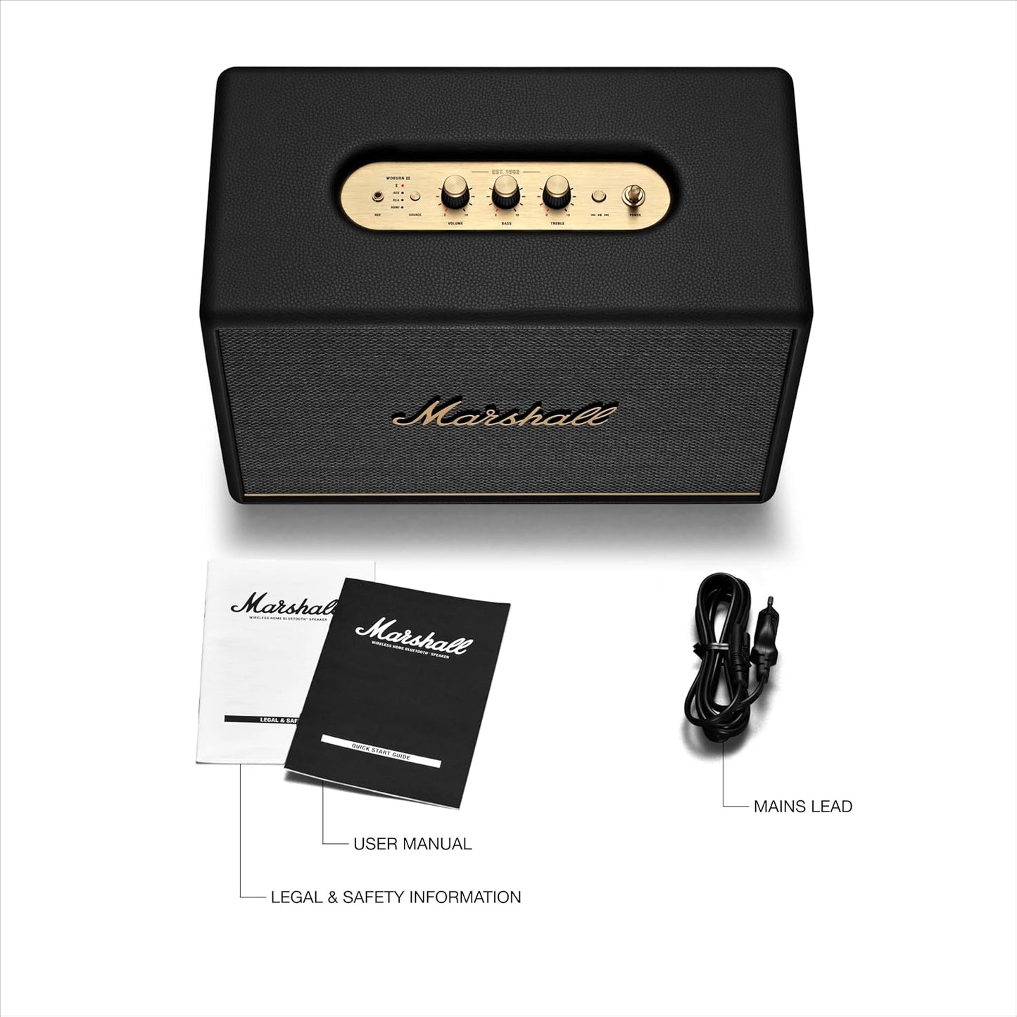 Marshall Woburn III Bluetooth Home Speaker - Loud Stereo Sound with Bass and Treble Controls | Plug-in Powered | Record Player Compatible | HDMI, RCA, 3.5mm Aux Inputs - Black