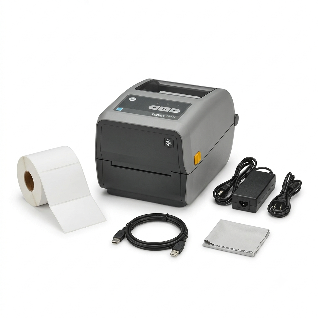 Zebra ZD421 (ZD4A042-D01M00EZ) USB/Bluetooth - Zebra GK420d Replacement, Direct Thermal Label Printer 203 dpi with 4x6 Thermal Roll + Power Adapter + USB 2.0 Cable + Microfiber Cloth Included
