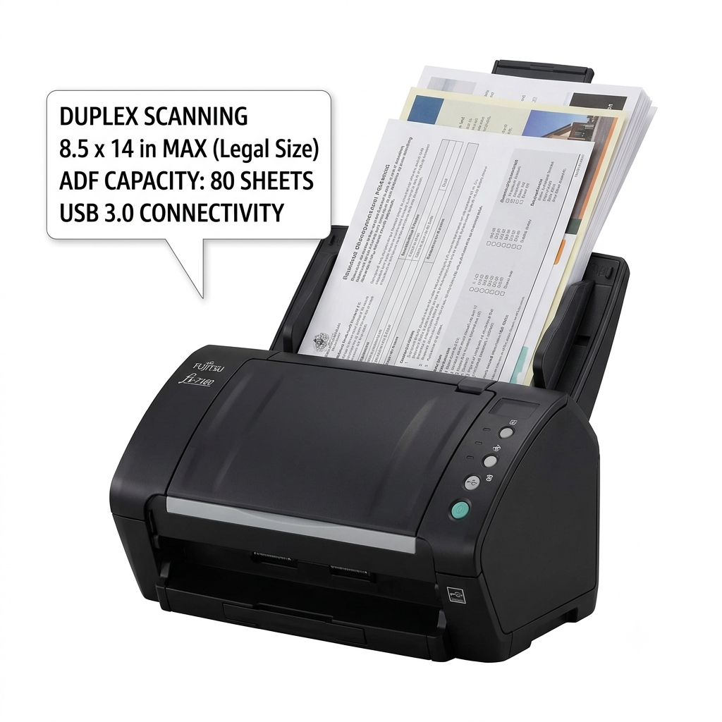 Fujitsu fi-7160 document scanner, duplex, 8.5 x 14 in, ADF 80 sheets, USB 3.0, black