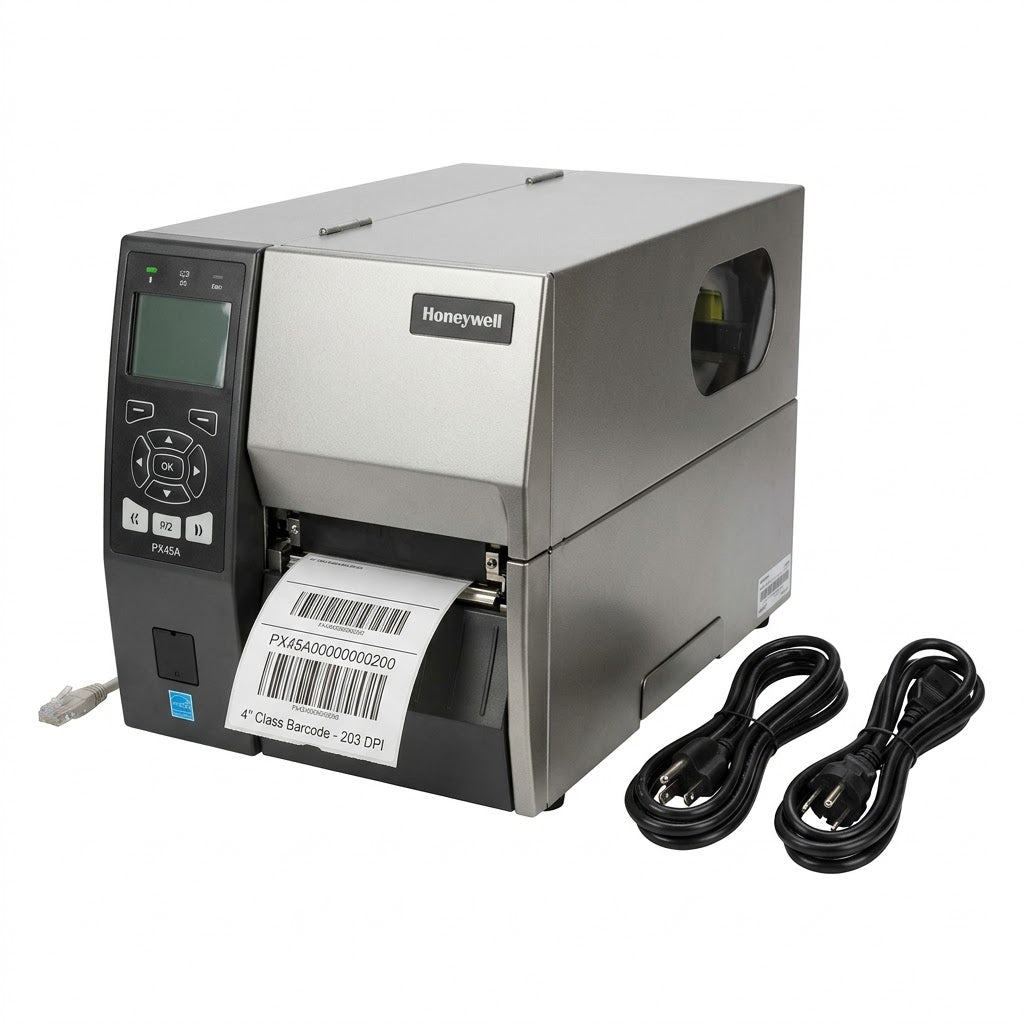 Honeywell PX45A Industrial Thermal Transfer Label Printer, 203 DPI, Ethernet Connectivity, 4" Class Barcode Label Printing, US & EU Power Cord, Model PX45A00000000200