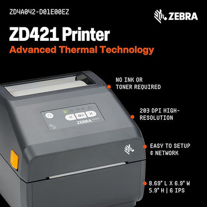 ZEBRA ZD421 Direct Thermal Desktop Printer 203 dpi Print Width 4-inch Wired USB and Ethernet Connectivity ZD4A042-D01E00EZ, No Thermal Ribbon Required
