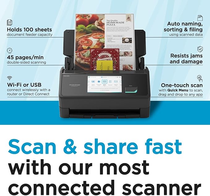 ScanSnap iX2500 Wireless or USB High-Speed Cloud Enabled Document, Photo & Receipt Scanner with Large 5" Touchscreen and 100 Page Auto Document Feeder for Mac or PC, Black