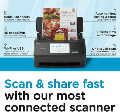ScanSnap iX2500 Wireless or USB High-Speed Cloud Enabled Document, Photo & Receipt Scanner with Large 5" Touchscreen and 100 Page Auto Document Feeder for Mac or PC, Black