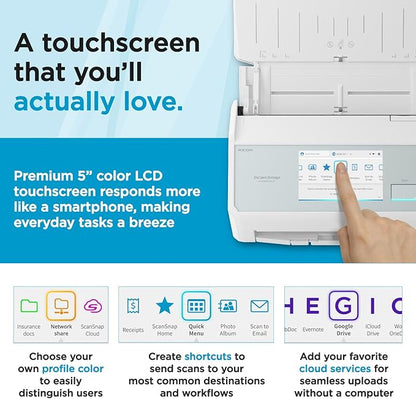 ScanSnap iX2500 Wireless or USB High-Speed Cloud Enabled Document, Photo & Receipt Scanner with Large 5" Touchscreen and 100 Page Auto Document Feeder for Mac or PC, White