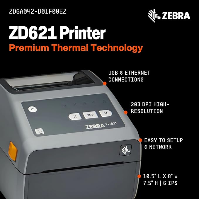 ZEBRA ZD621 Thermal Shipping Label Printer 4"| 203 DPI | No Ink Required | 4x6 | USB, Serial, Ethernet, Tap to Print NFC | 2 Year Warranty | UPS/USPS/FedEx | Direct Thermal