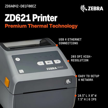 ZEBRA ZD621 Thermal Shipping Label Printer 4"| 203 DPI | No Ink Required | 4x6 | USB, Serial, Ethernet, Tap to Print NFC | 2 Year Warranty | UPS/USPS/FedEx | Direct Thermal