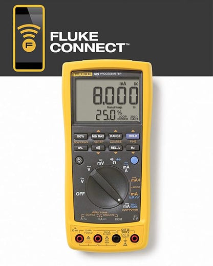 Fluke 789 ProcessMeter, Includes Standard DMM Capabilities, Measure, Source, Simulate 4-20 mA signals, and Built-In 24 V Loop Supply