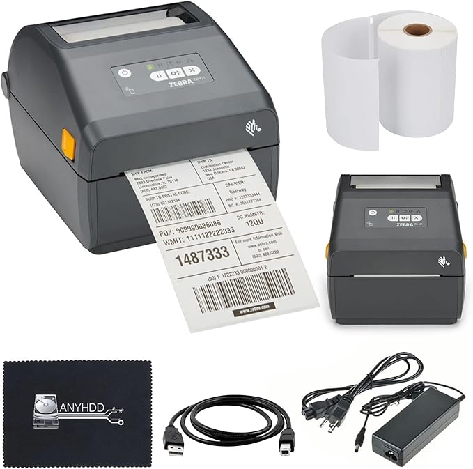 Zebra ZD421 (ZD4A042-D01M00EZ) USB/Bluetooth - Zebra GK420d Replacement, Direct Thermal Label Printer 203 dpi with 4x6 Thermal Roll + Power Adapter + USB 2.0 Cable + Microfiber Cloth Included