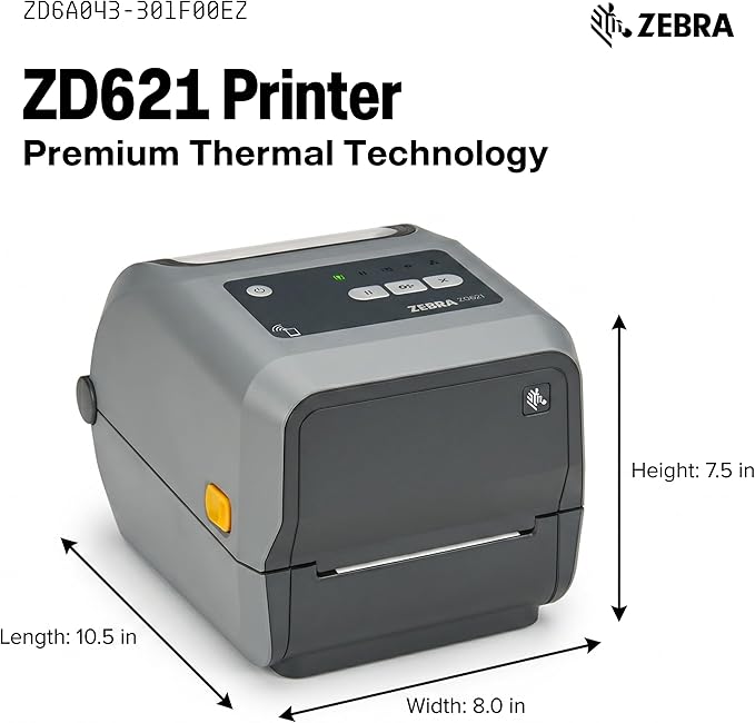 Zebra ZD6A043-301F00EZ Model ZD621 Thermal Transfer Desktop Printer, 300 dpi Resolution, 6 Inch/Sec Print Speed, 4 Inch Print Width; USB, Serial and Ethernet Interfaces