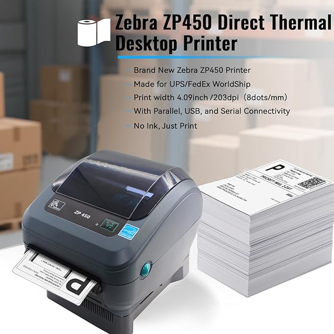 New Zebra ZP450 Direct Thermal Label ZP 450 Barcode Printer | USB, Serial, and Parallel Connectivity 203 DPI Resolution - 1 Year Warranty